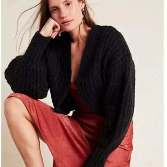 NWT Anthropologie Rae Cropped Open Cardigan Black Wool Alpaca Bolero - Picture 2 of 10
